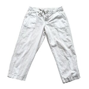GAP Beige Striped Cotton & Linen Cropped Pants Drawstring/ Zipper & Clasp Large